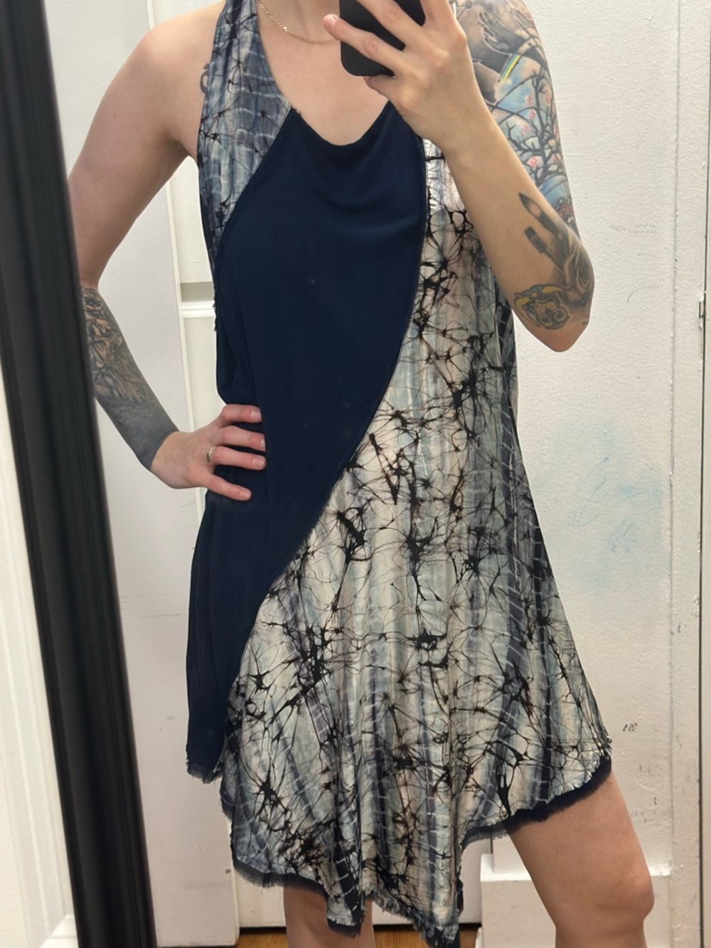 Seventy Two Changes Sleeveless Navy Blue Cotton Silk Swing Dress Racers Back